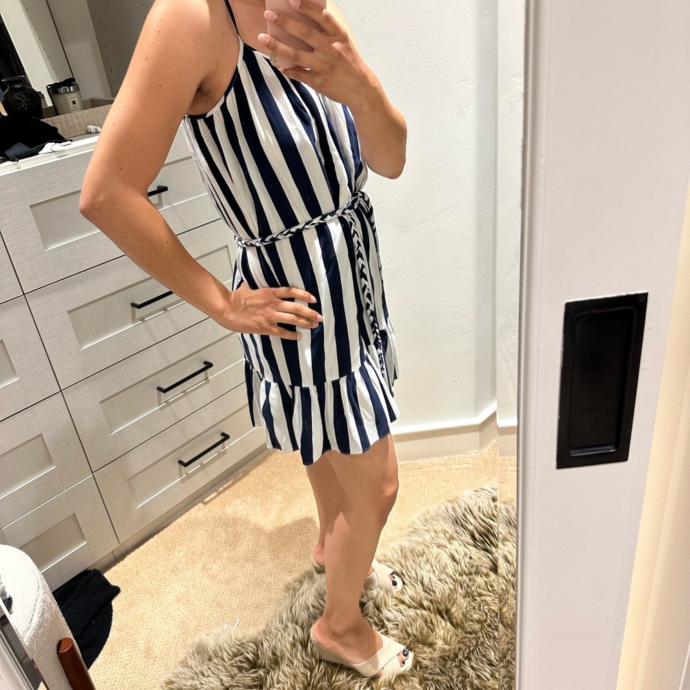 Blue and white striped dress with belt, size small